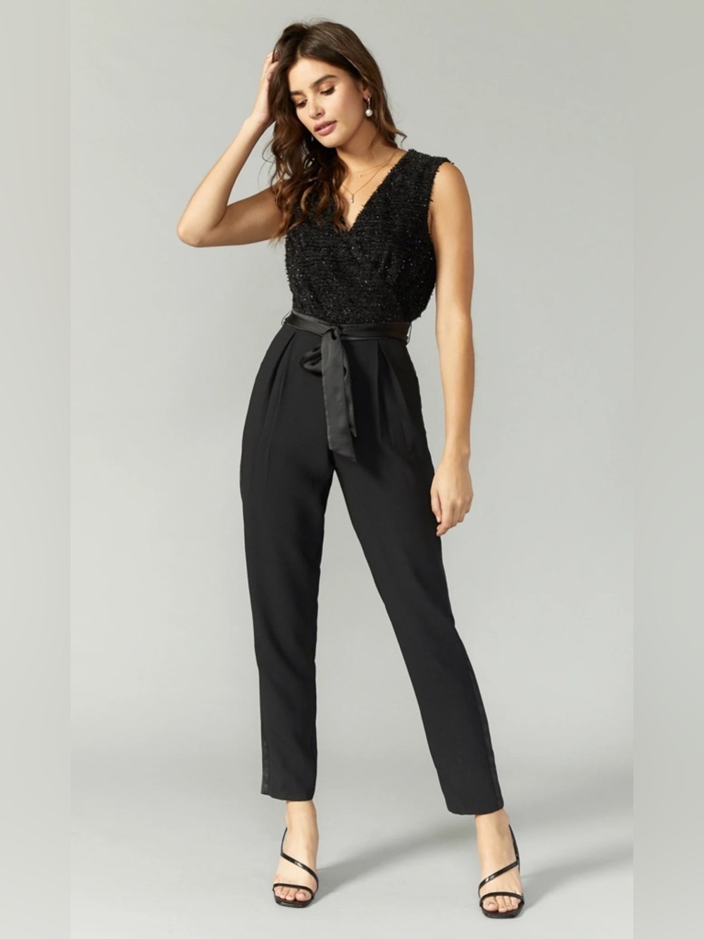 Greylin Besley Ribbon Knit Crepe Jumpsuit with Satin Tie - Black - Large - NWT